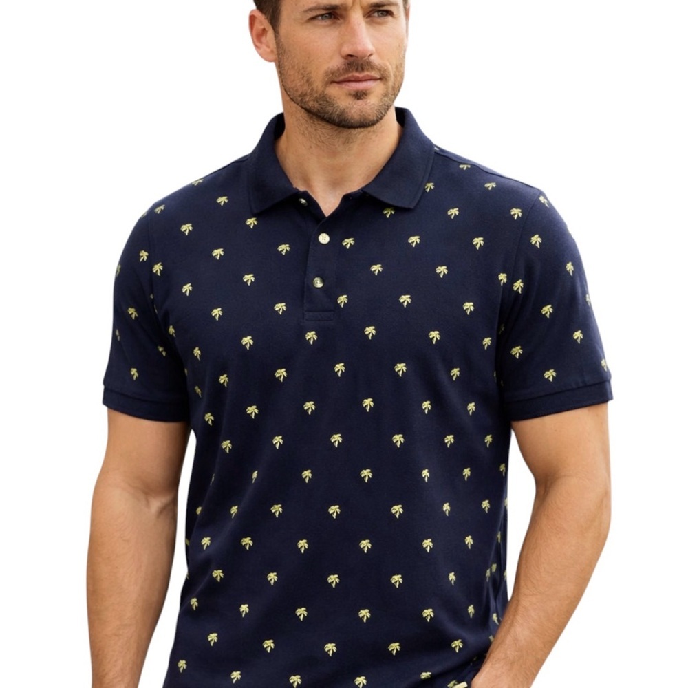 H&M Dark Blue Men’s Polo, 100% cotton, Palm Tree Print, size L, NWOTS
